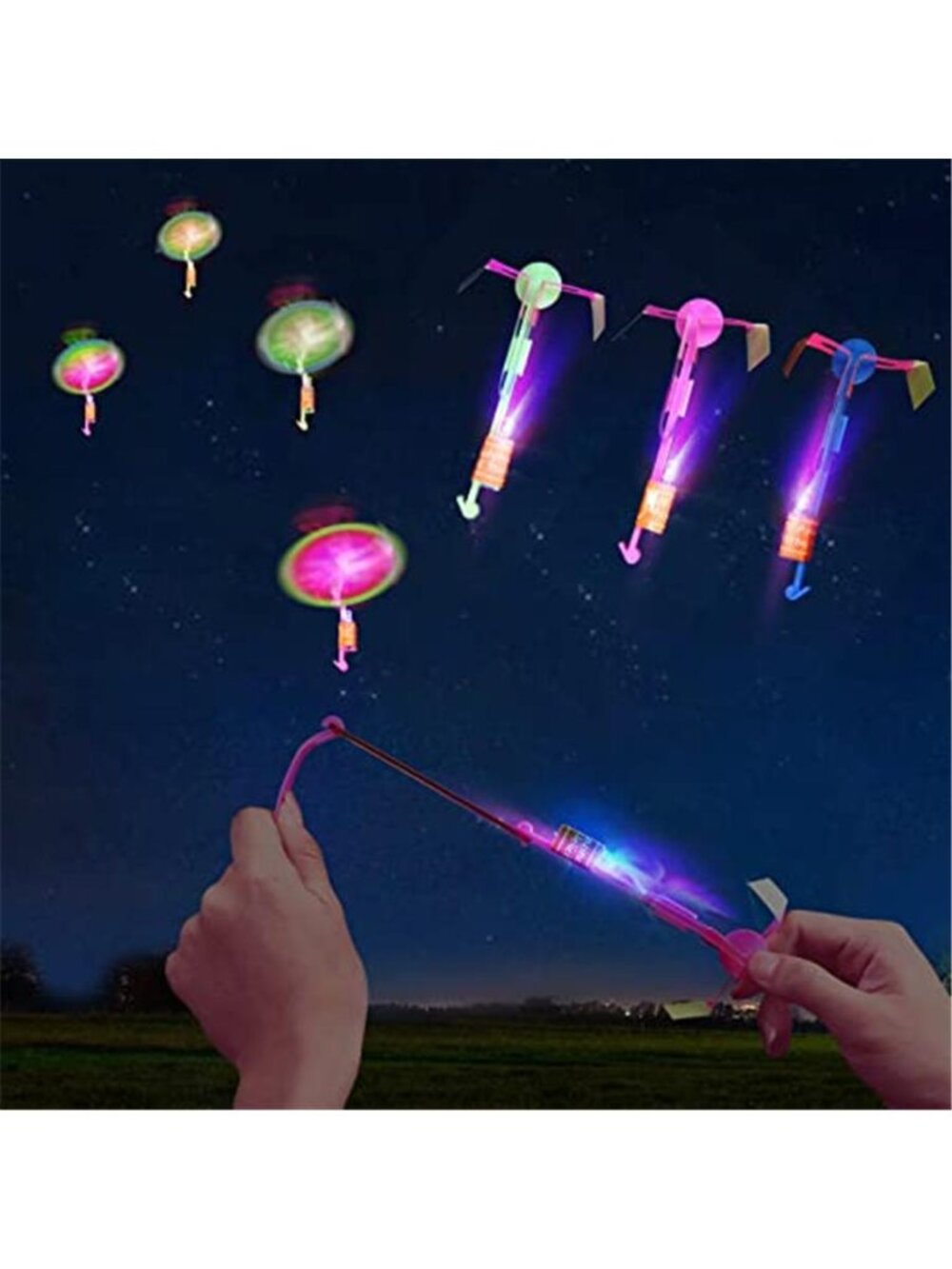 25 Sets LED Flying Set, 25 Slingshot+25 Glow Helicopter-50 Pcs, Flying